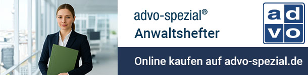 Werbebanner für den Onlineshop advo-spezial.de, im Querformat - auf dem Bild ist eine Rechtsanwältin zu sehen, die einen advo-spezial Anwaltshefter in ihrer linken Hand hält.